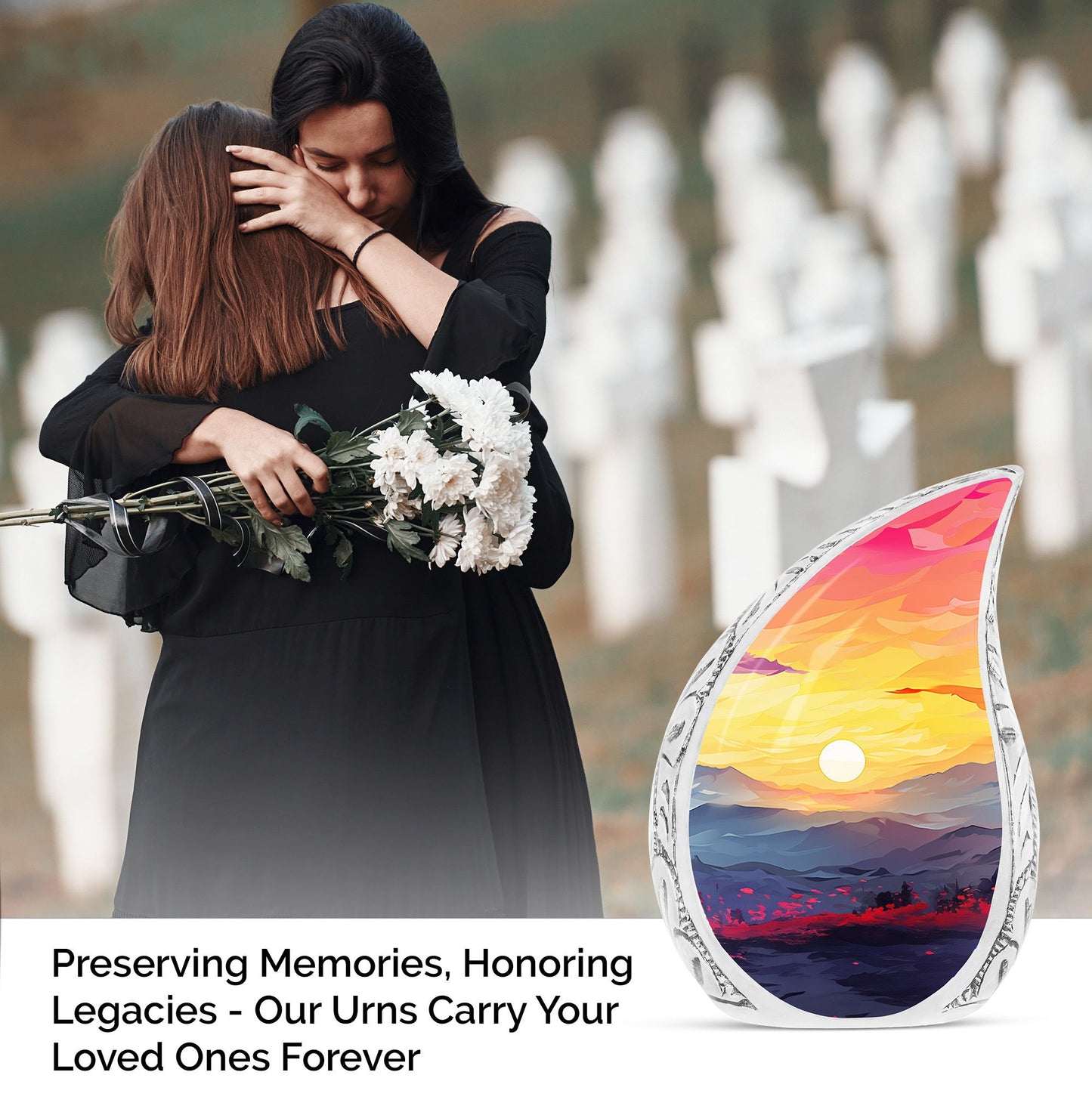Teardrop style Mountains Urn for male burial, a unique and decorative gift for women. Cremation urn made of metal.