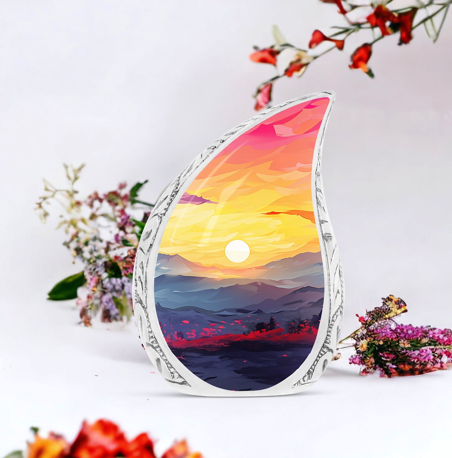 Teardrop style Mountains Urn for male burial, a unique and decorative gift for women. Cremation urn made of metal.