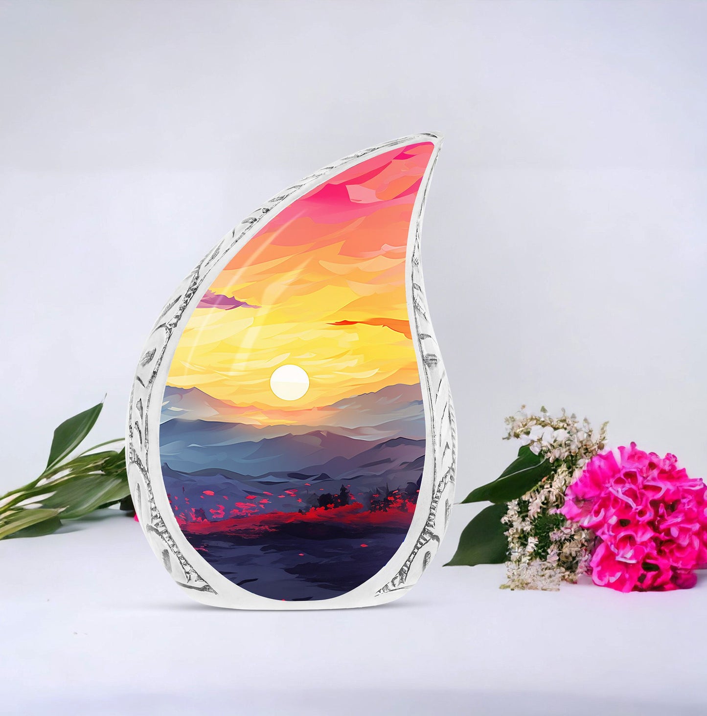 Teardrop style Mountains Urn for male burial, a unique and decorative gift for women. Cremation urn made of metal.