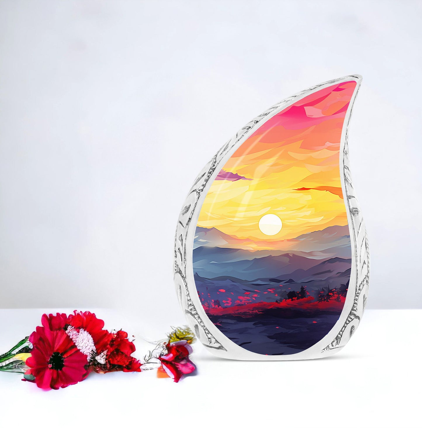 Teardrop style Mountains Urn for male burial, a unique and decorative gift for women. Cremation urn made of metal.