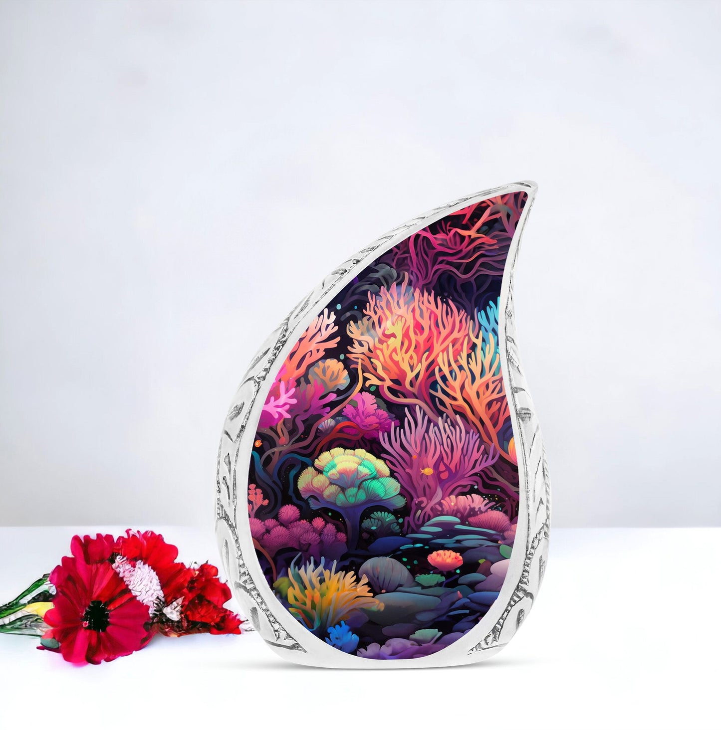 Large teardrop-shaped Mountains Urn meant for preserving adult human ashes, created from durable metal