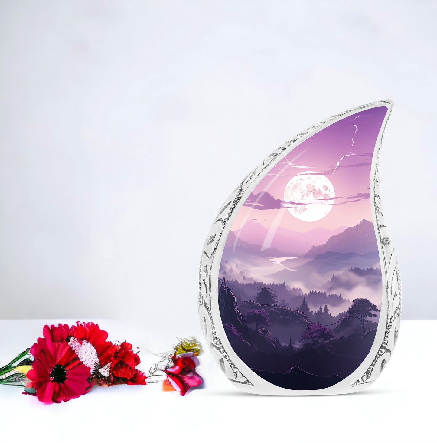 Teardrop cremation urn themed with mountains, ideal for storing dad's ashes. Suitable as a small funeral urn.