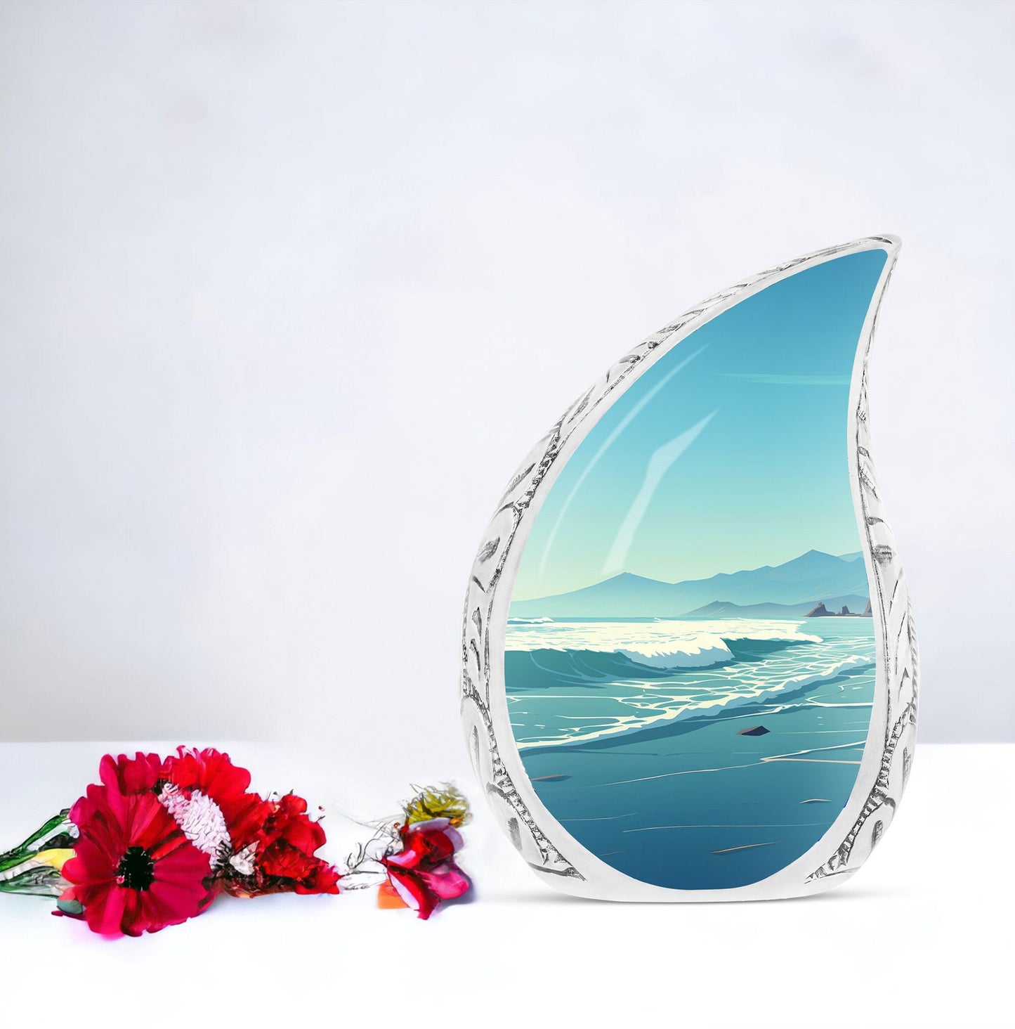 Large purple tear drop shaped urn for human ashes, suitable for adult man or woman