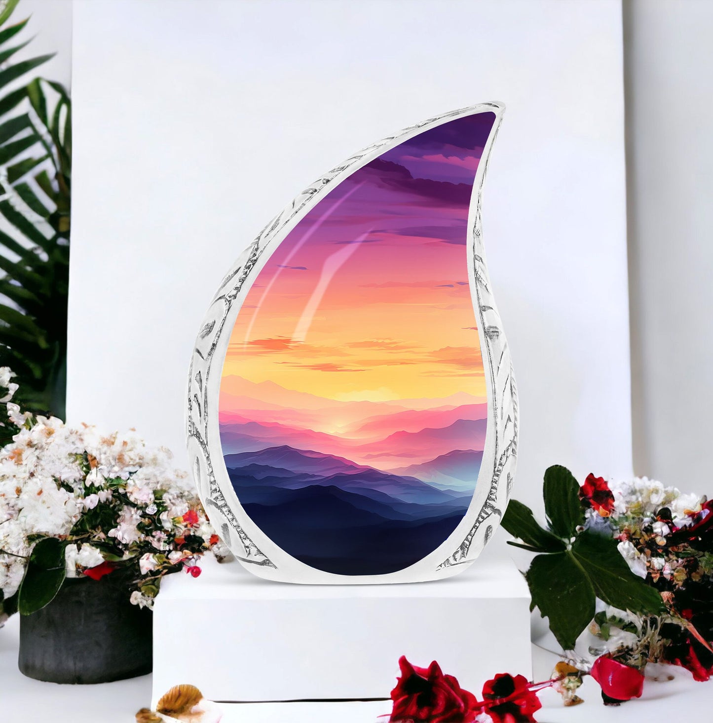 Tear drop shaped mountain urn for ashes, ideal for adult male cremation, functional as a funeral cremation urn or large companion urn
