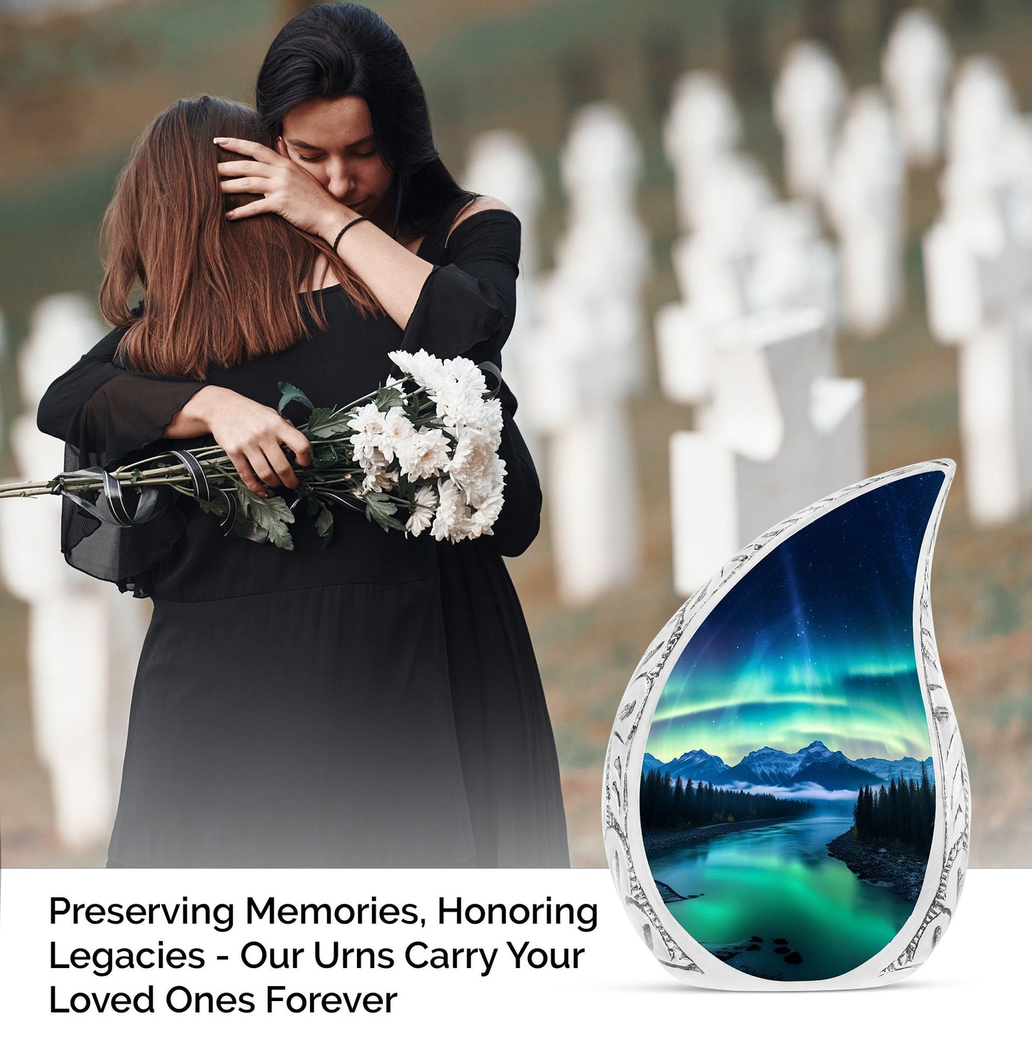 Large urn adorned with an illustration of the Aurora Borealis, suitable for adult female human ashes