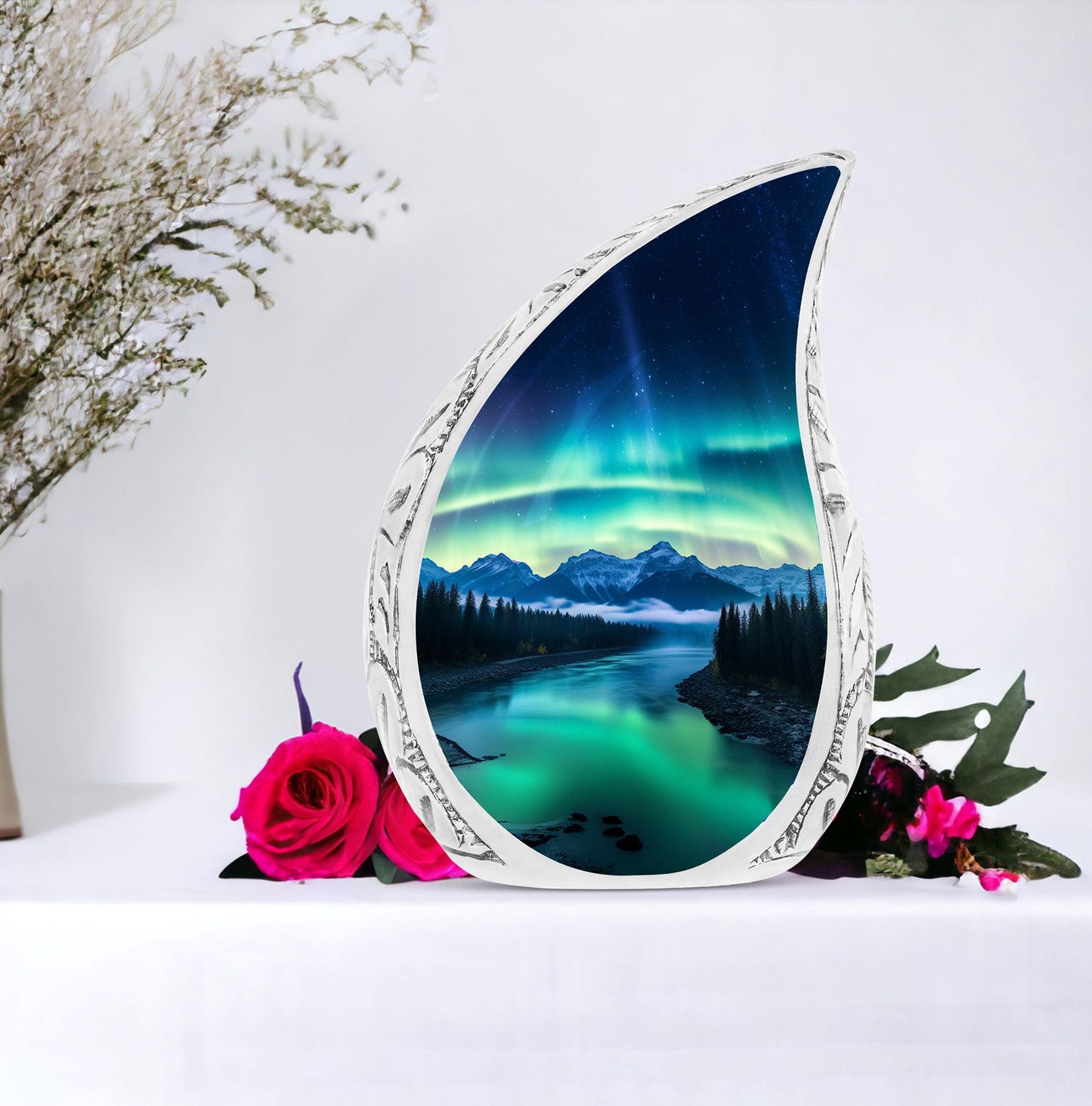 Large urn adorned with an illustration of the Aurora Borealis, suitable for adult female human ashes