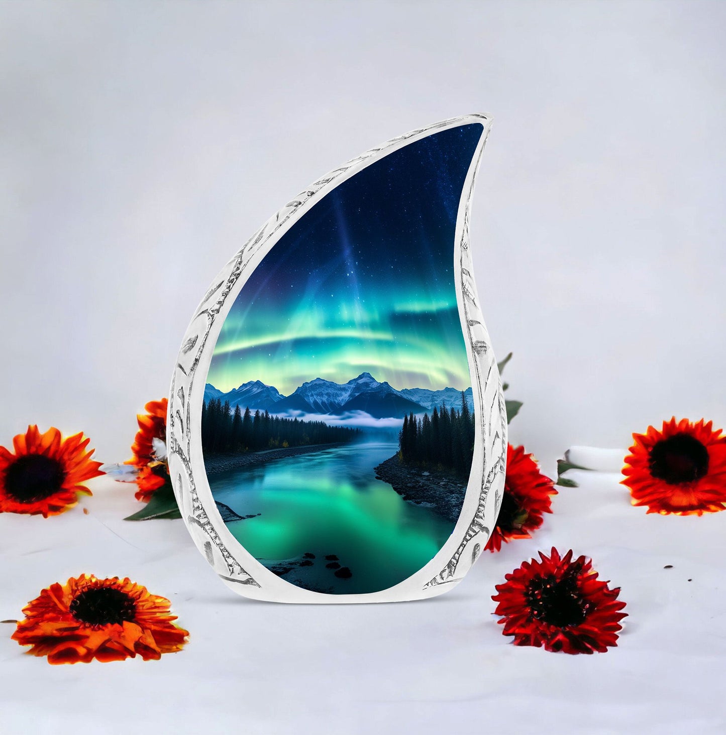 Large urn adorned with an illustration of the Aurora Borealis, suitable for adult female human ashes