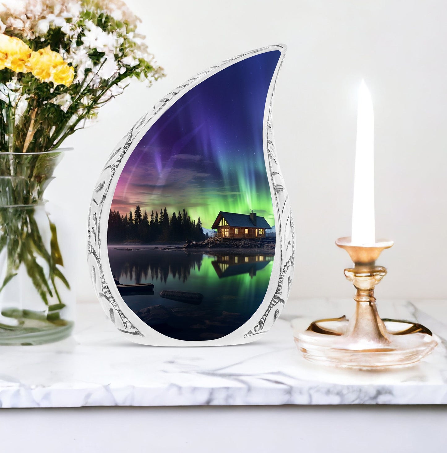 Unique large cremation urn with Aurora Borealis design, ideal metallic container for human ashes.