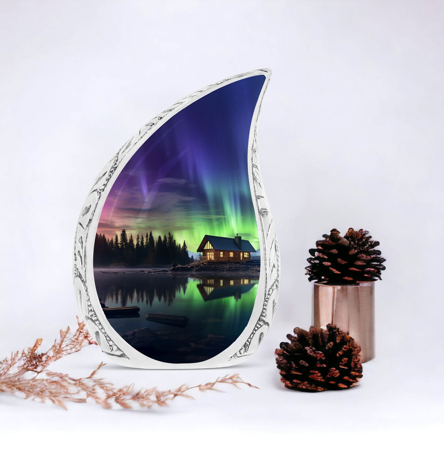 Unique large cremation urn with Aurora Borealis design, ideal metallic container for human ashes.