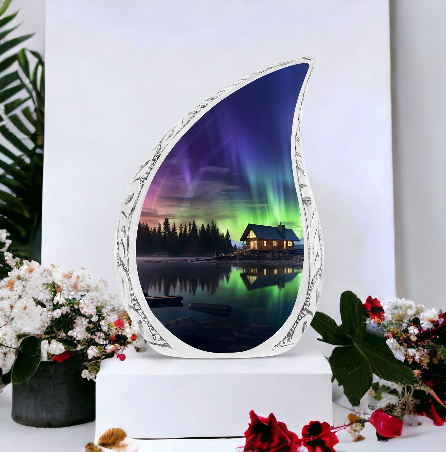 Unique large cremation urn with Aurora Borealis design, ideal metallic container for human ashes.