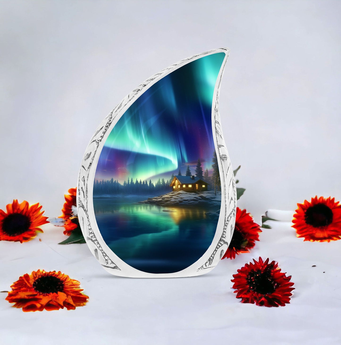 Large Serene Winter Night Cremation Urn for adult male human ashes, suitable for funeral decorations.