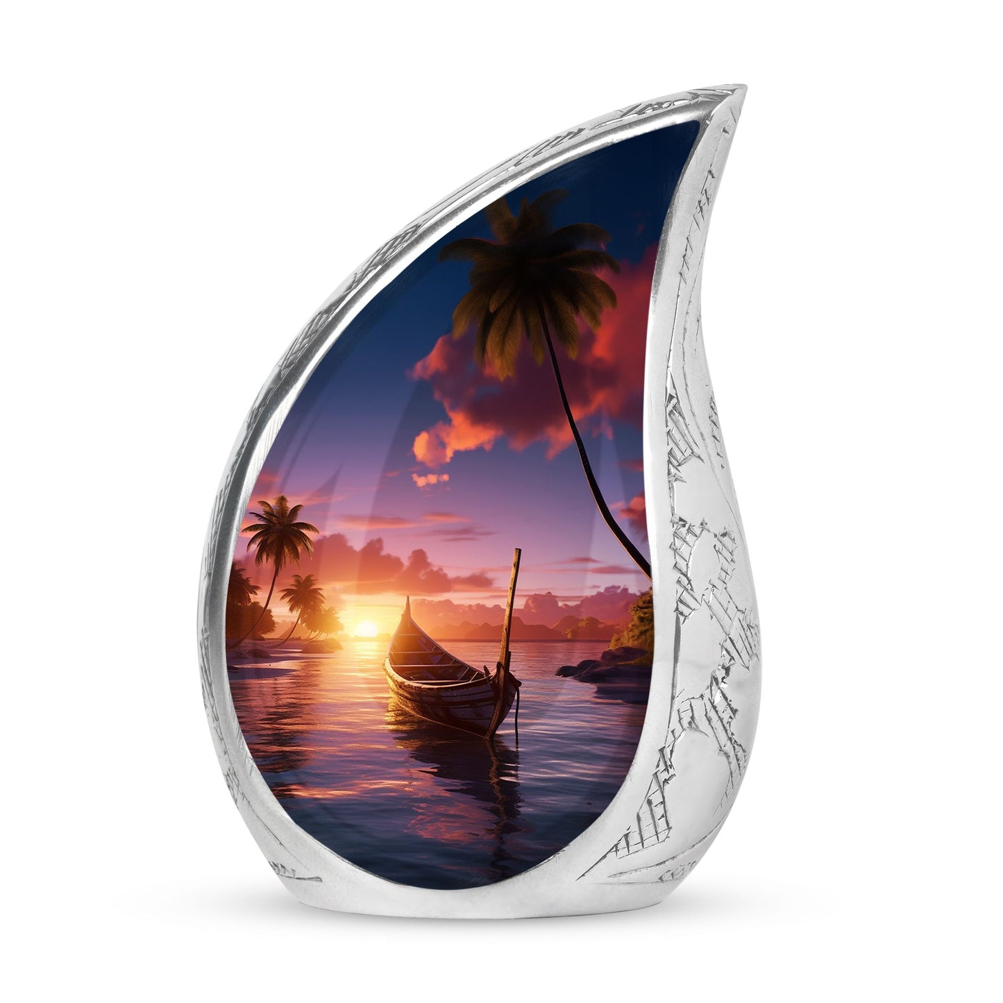 Large Tropical Sunset cremation urn, a unique funeral decoration designed to hold adult human ashes, made of sturdy metal