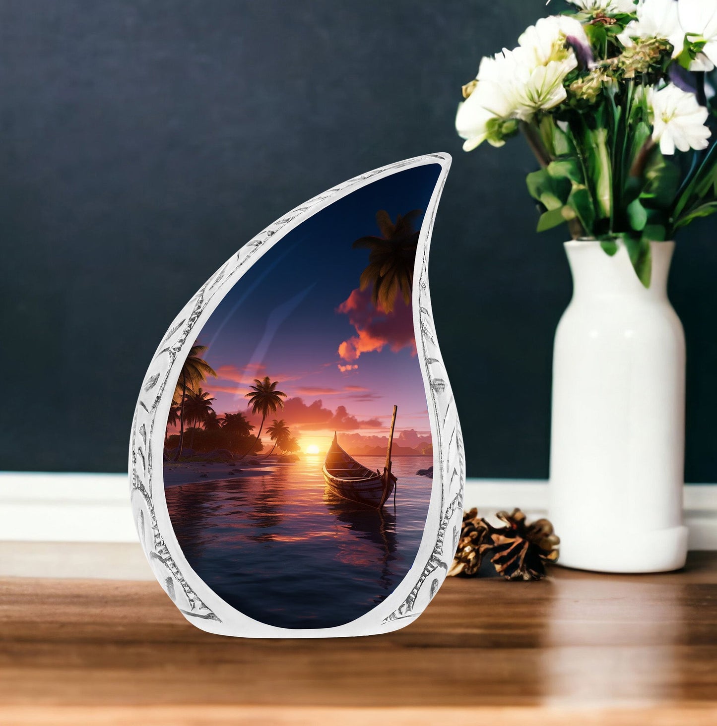 Large Tropical Sunset cremation urn, a unique funeral decoration designed to hold adult human ashes, made of sturdy metal