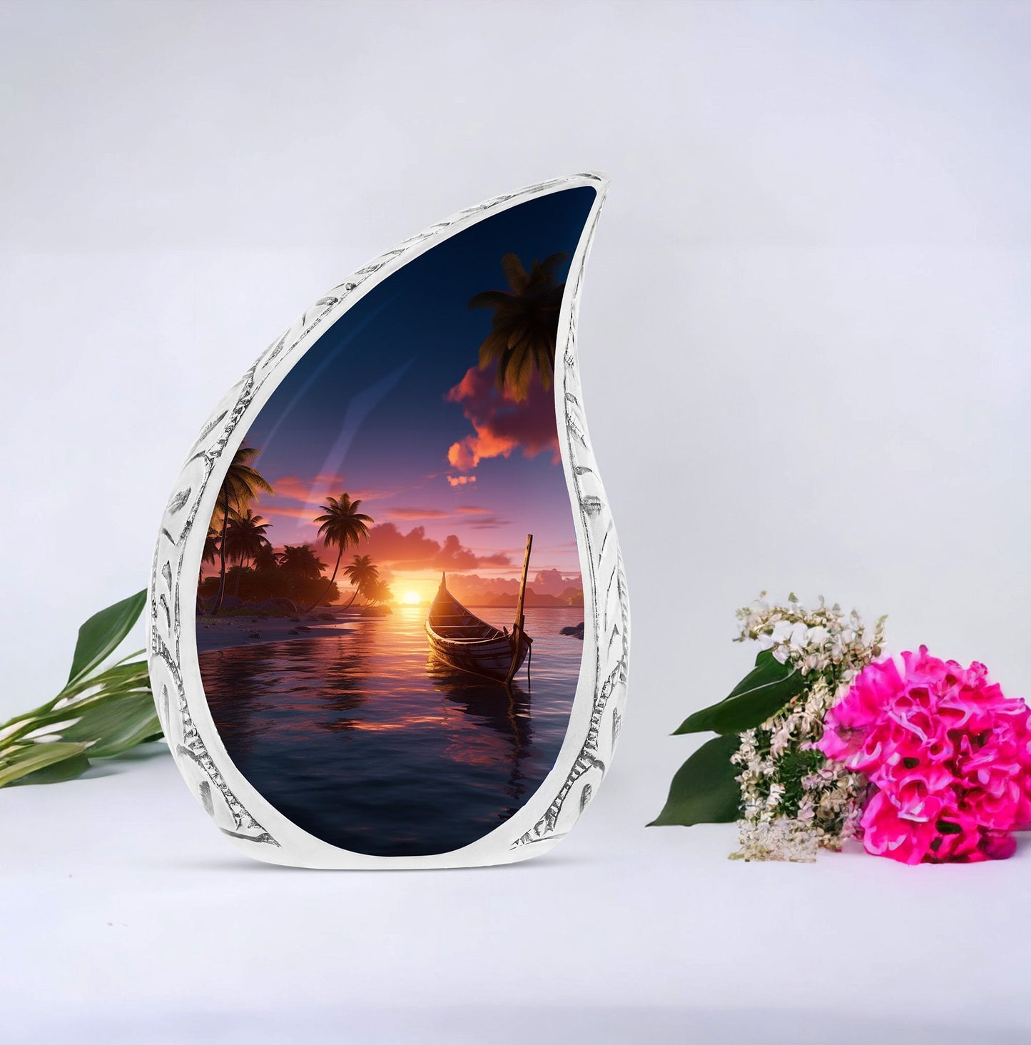 Large Tropical Sunset cremation urn, a unique funeral decoration designed to hold adult human ashes, made of sturdy metal
