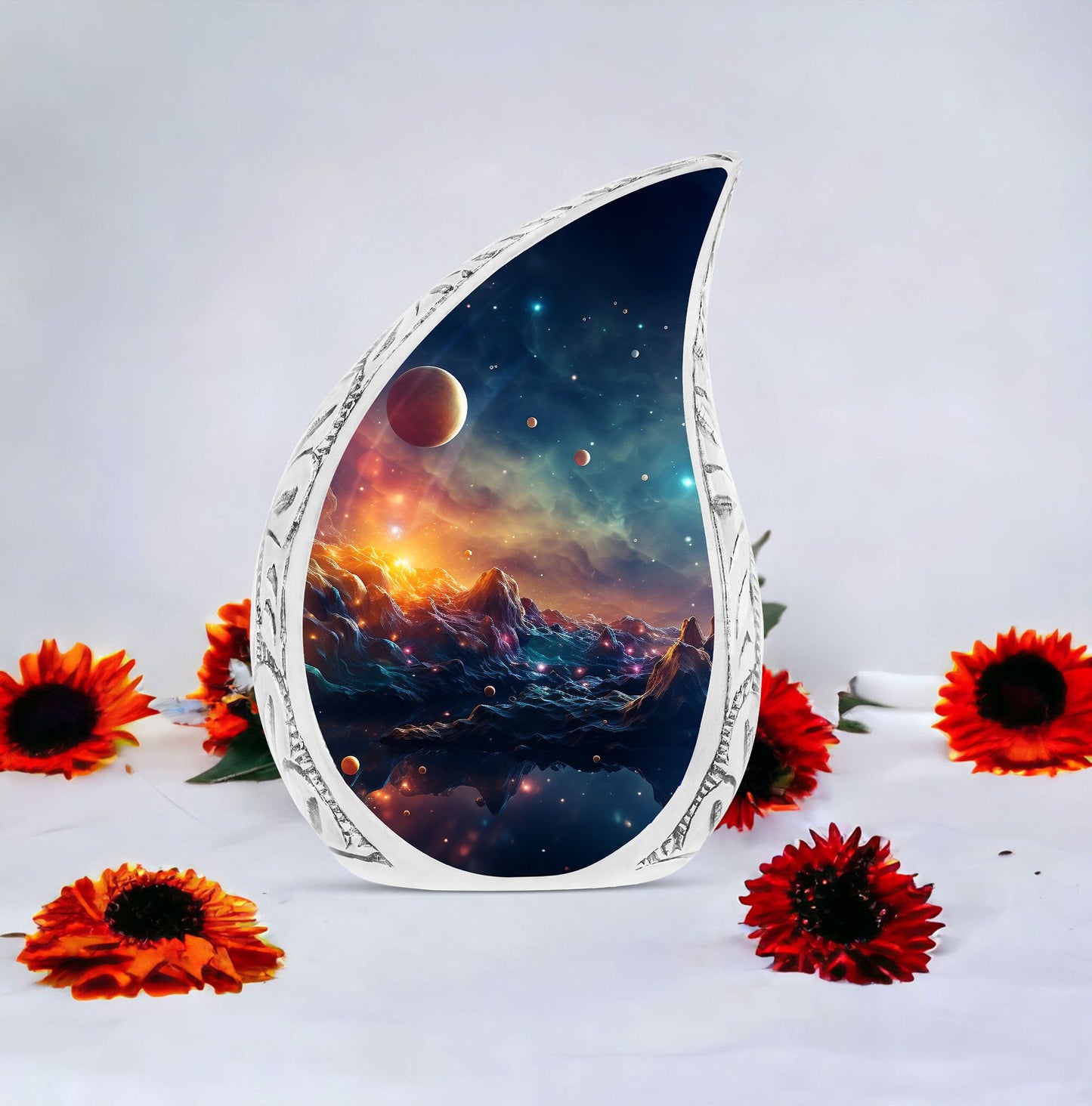 Large Cosmic Creation funeral urn, ideal for adult ashes, symbolizing remembrance and respect
