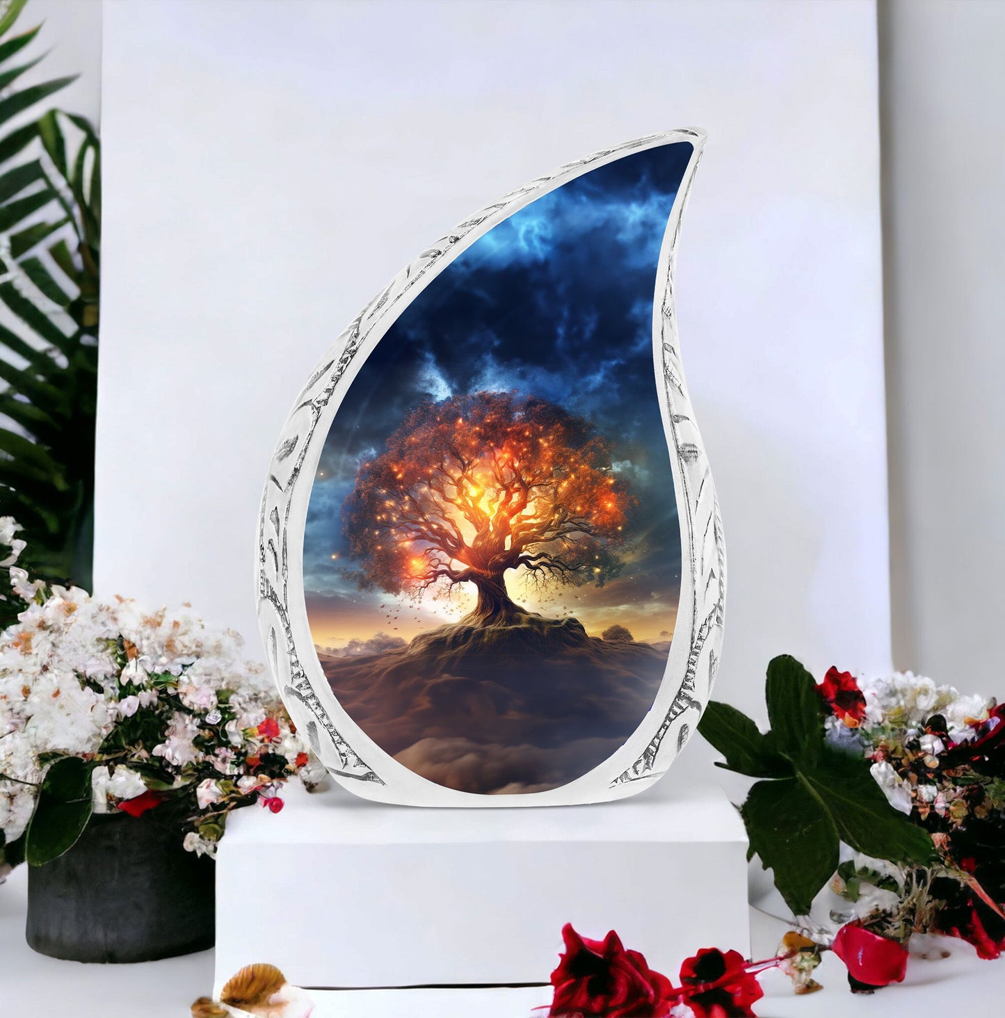 Large Celestial Tree Cremation Urn, elegantly crafted urn for preserving adult female human ashes, perfect for funeral decorations.