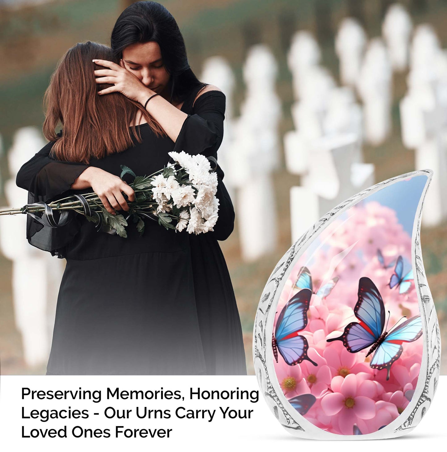 Flying Butterfly on Pink Meadow Cremation Urn | Memorial Urn