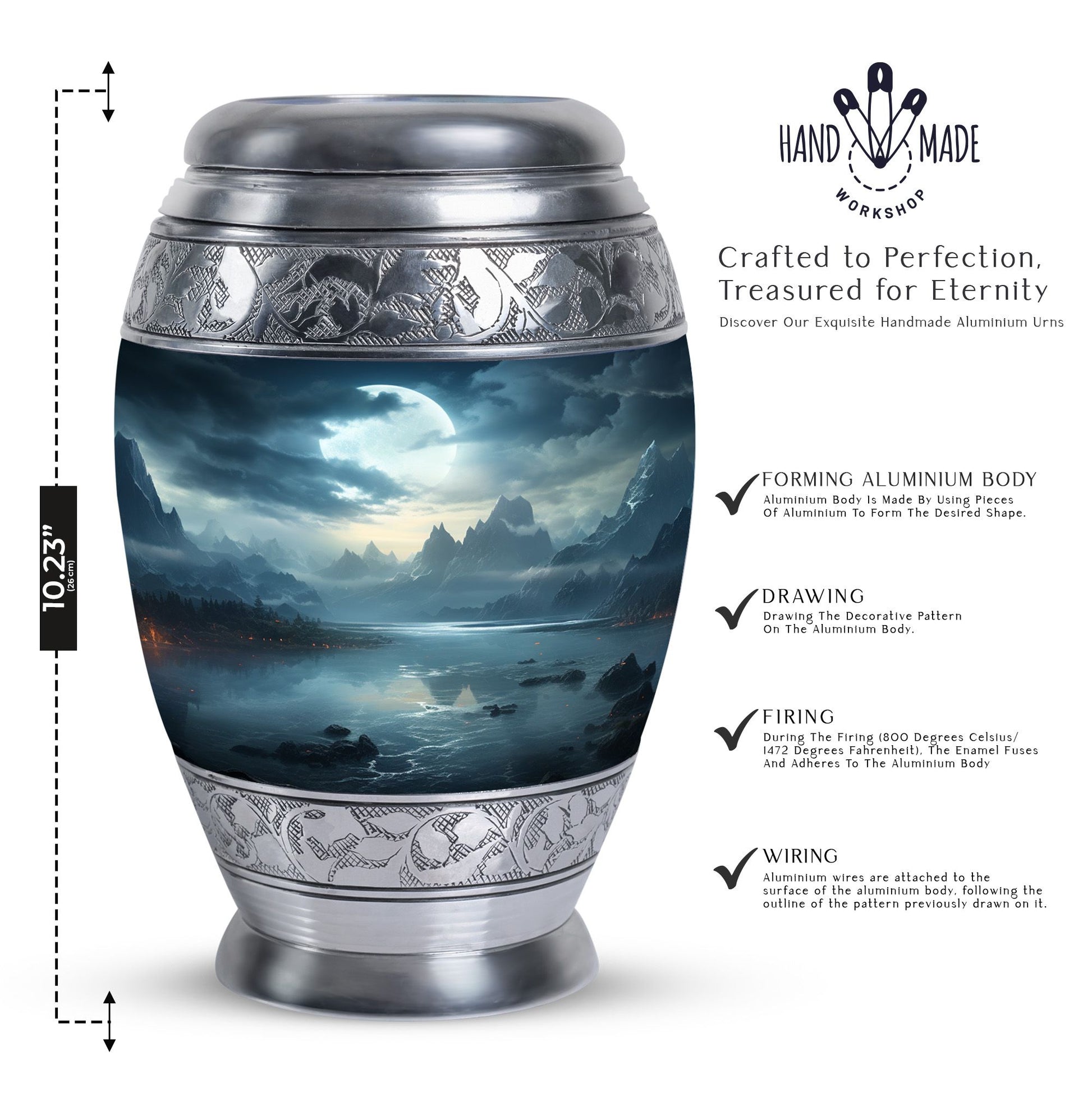 Moonlit Monar Urn, a large metal cremation urn, customizable with engraved names, has capacity for 200 cubic inches of ashes