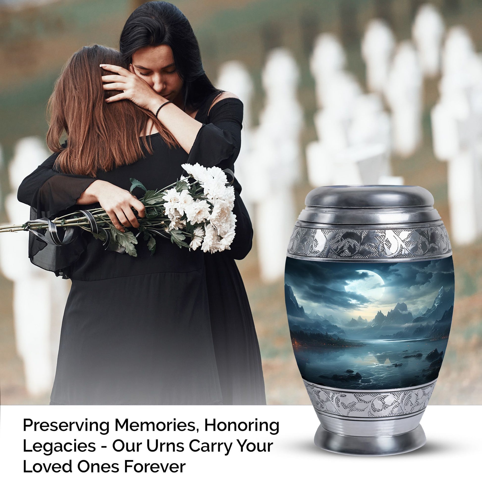 Moonlit Monar Urn, a large metal cremation urn, customizable with engraved names, has capacity for 200 cubic inches of ashes