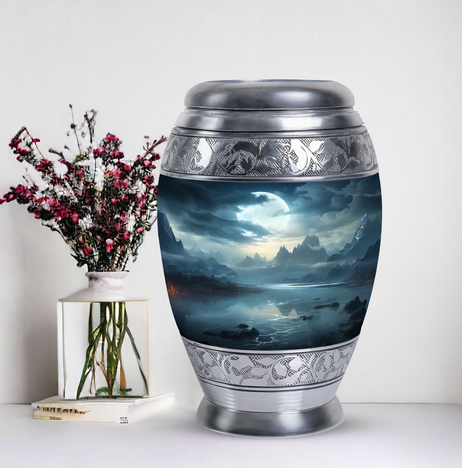 Moonlit Monar Urn, a large metal cremation urn, customizable with engraved names, has capacity for 200 cubic inches of ashes
