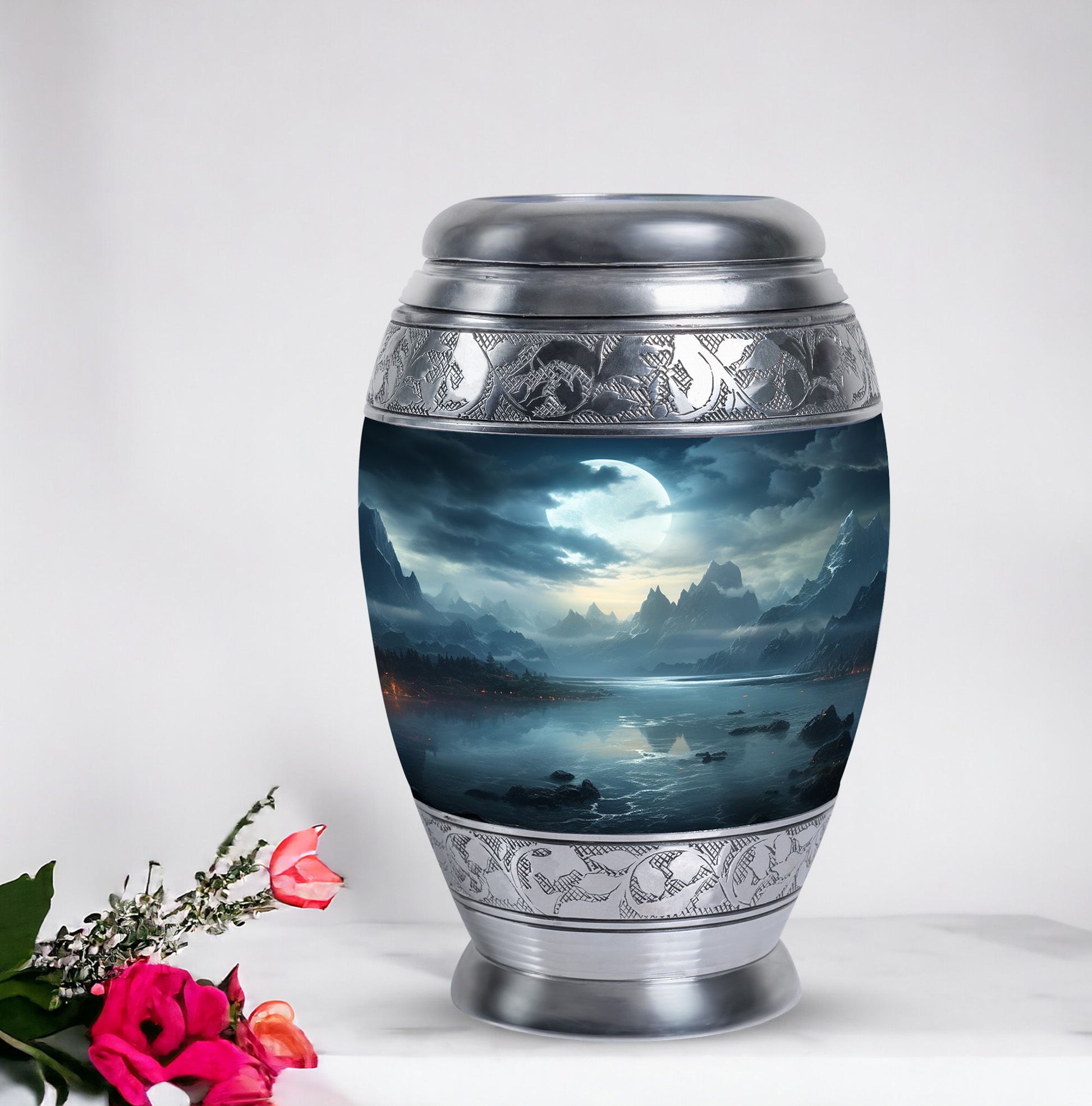Moonlit Monar Urn, a large metal cremation urn, customizable with engraved names, has capacity for 200 cubic inches of ashes