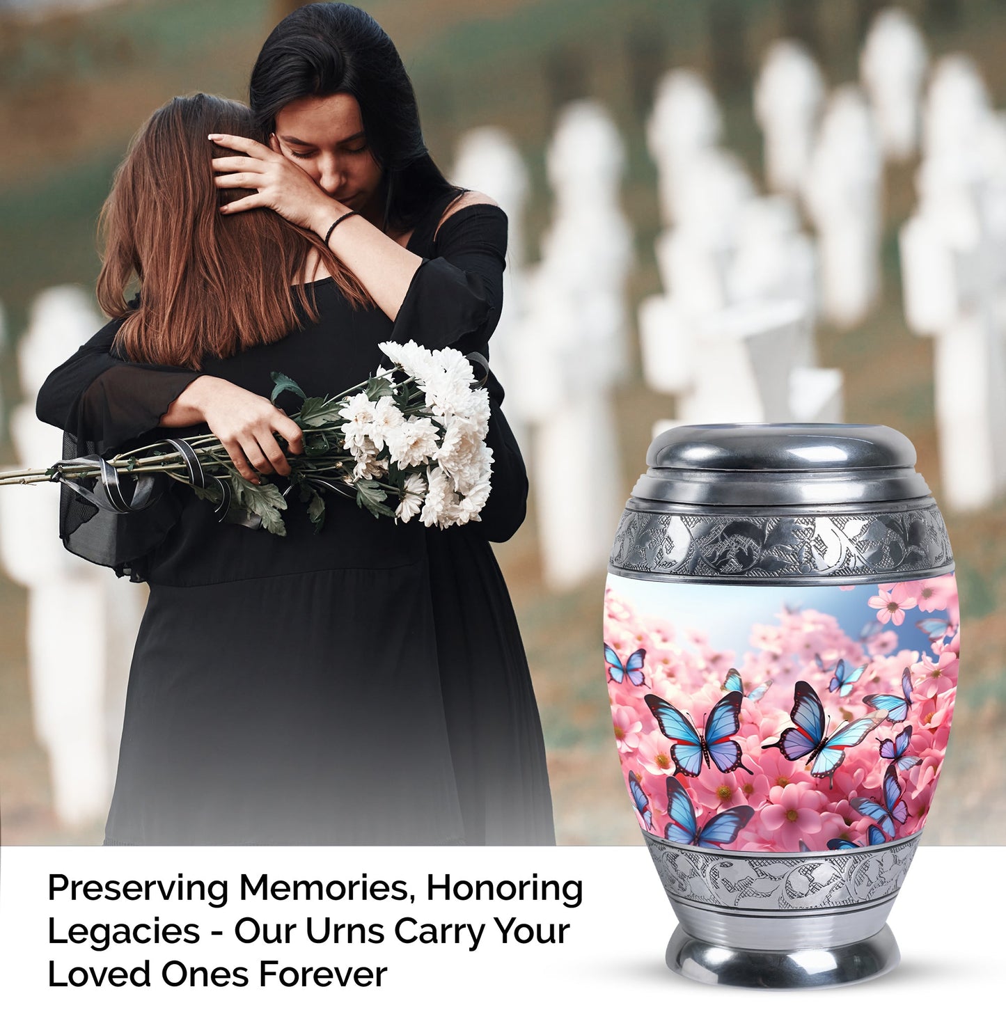 Blue Flying Butterfly on Pink Meadow | Large Cremation Urn For Ashes