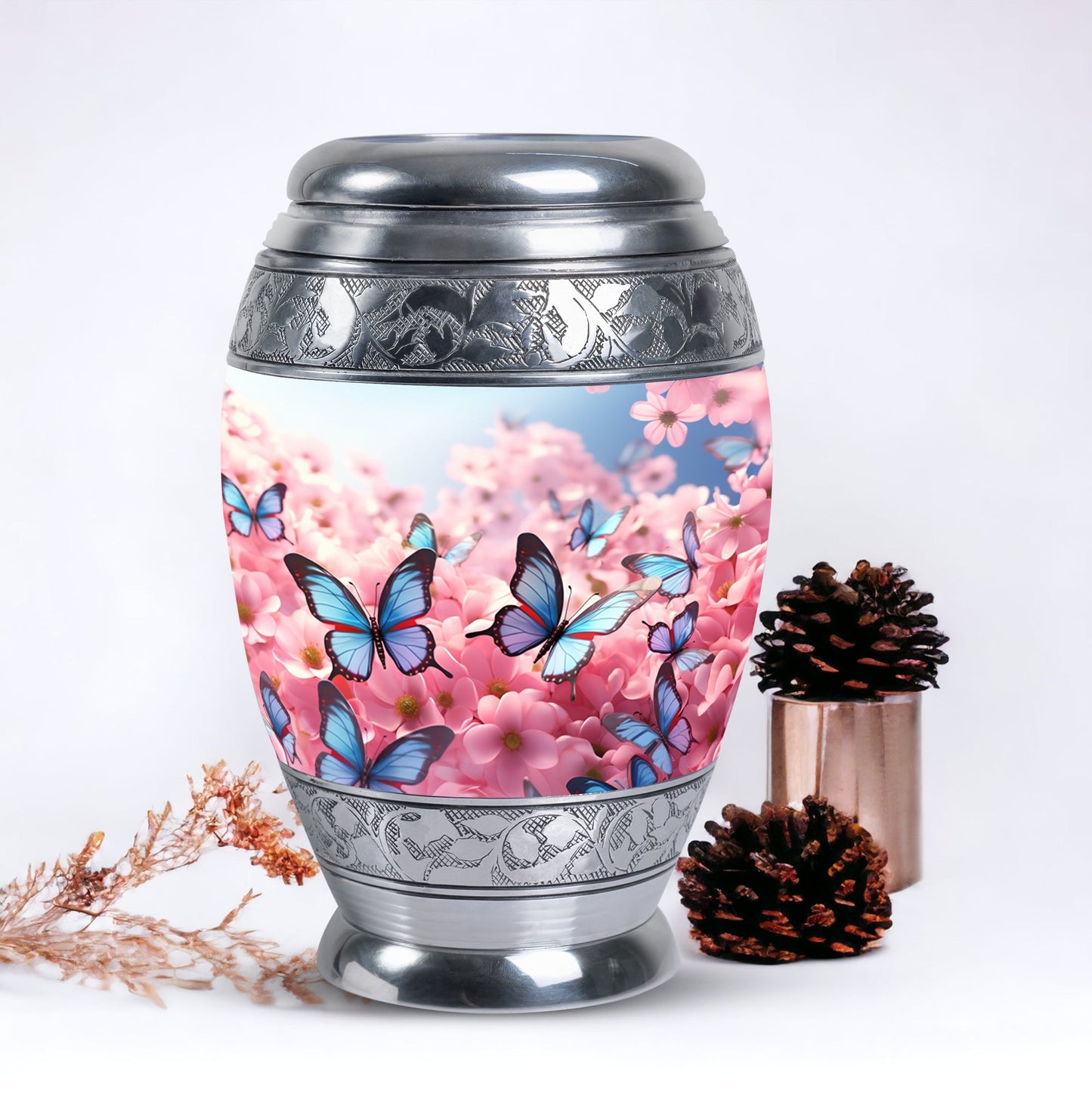 Blue Flying Butterfly on Pink Meadow | Large Cremation Urn For Ashes