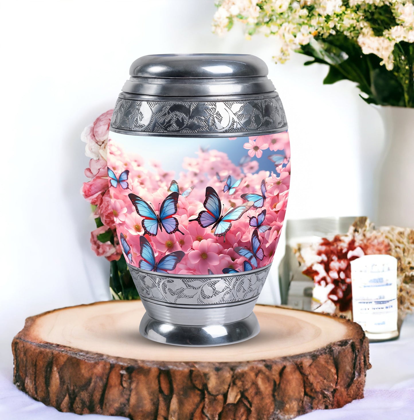 Blue Flying Butterfly on Pink Meadow | Large Cremation Urn For Ashes