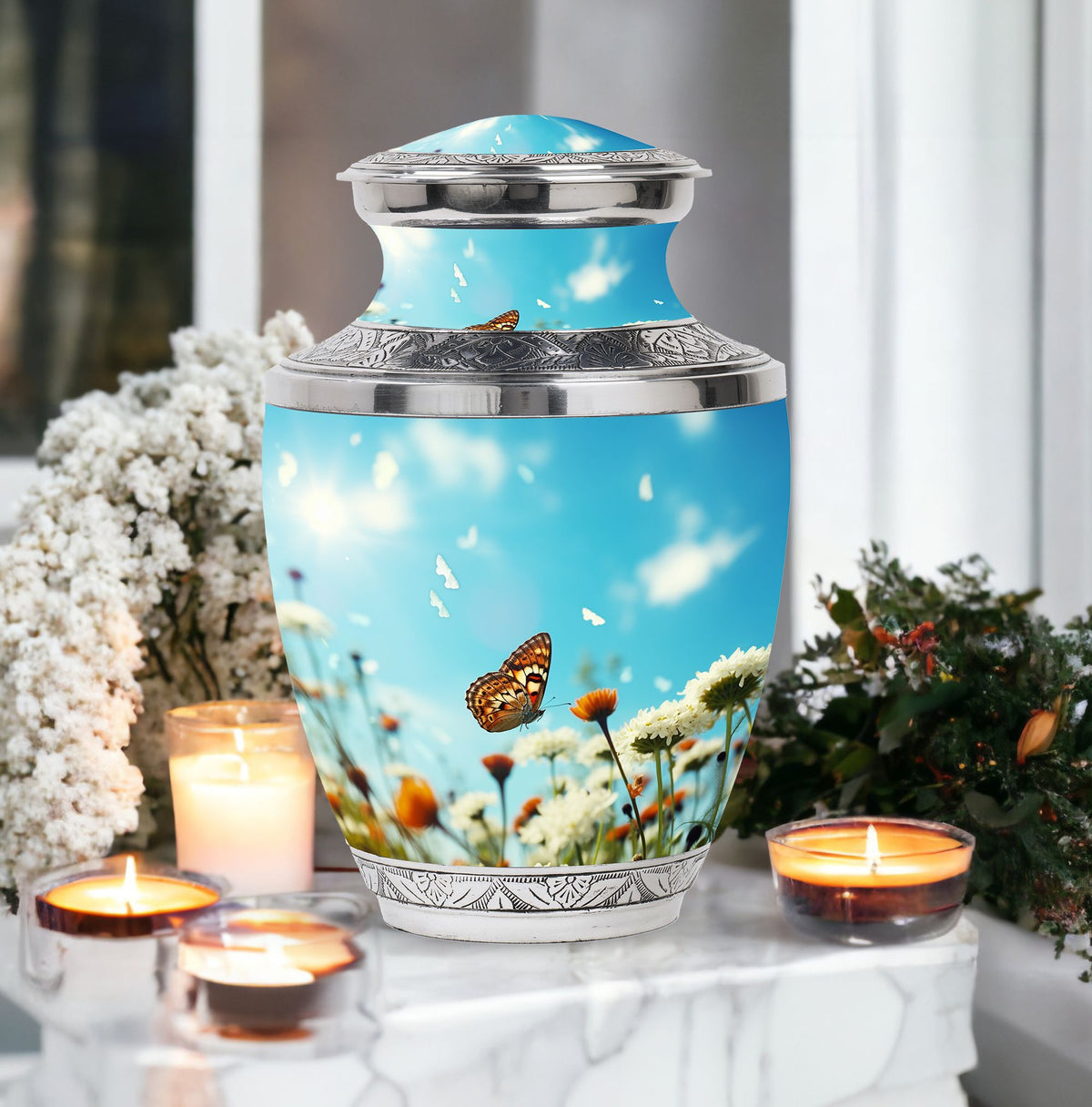 Decorative, colorful butterflies urn used for human ashes, ideal for adult cremation or burial