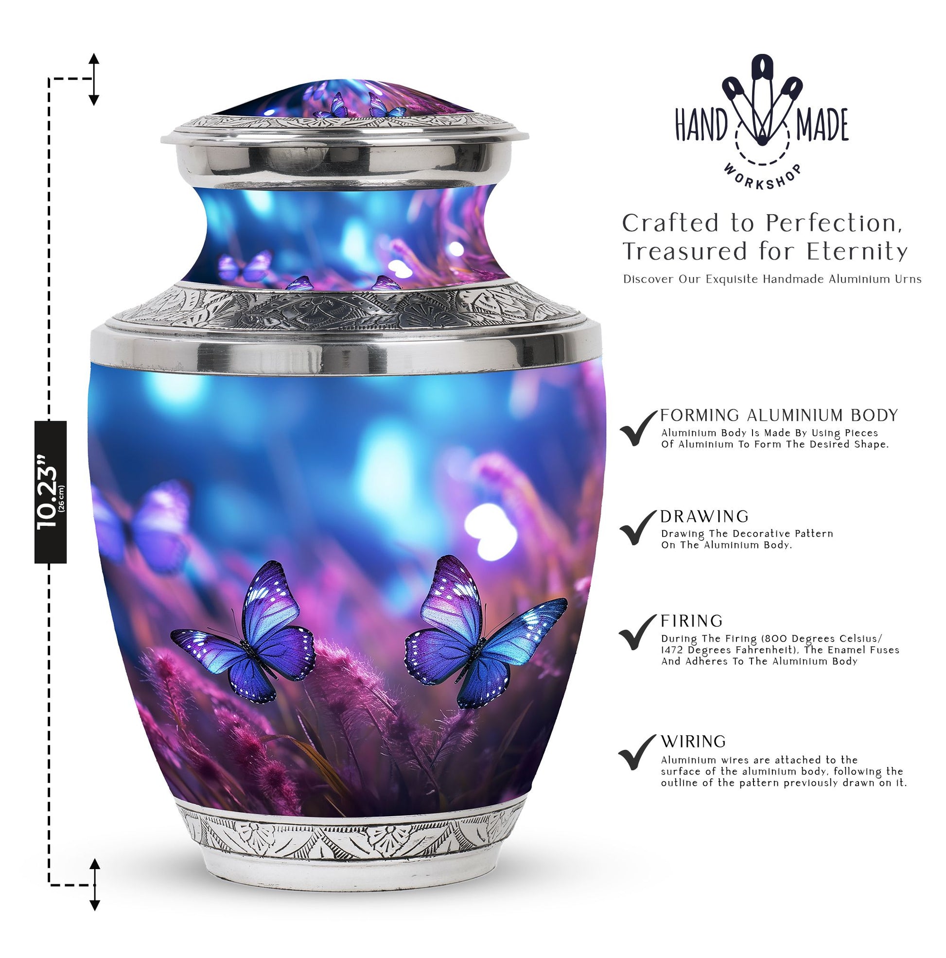 Butterflies Fly Sunset Urn, a stunning metal funeral urn for adult ashes, specially designed for women