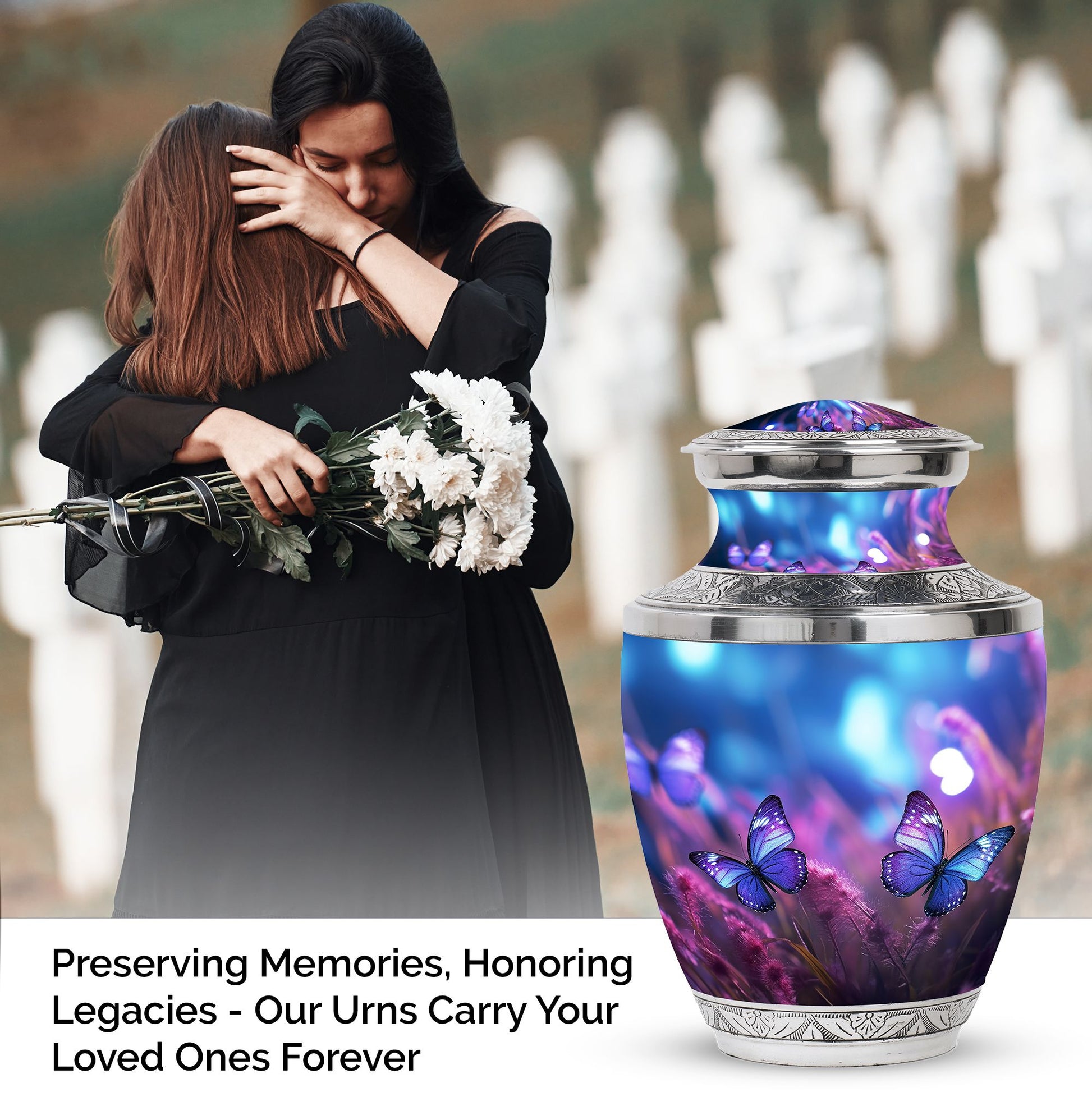 Butterflies Fly Sunset Urn, a stunning metal funeral urn for adult ashes, specially designed for women