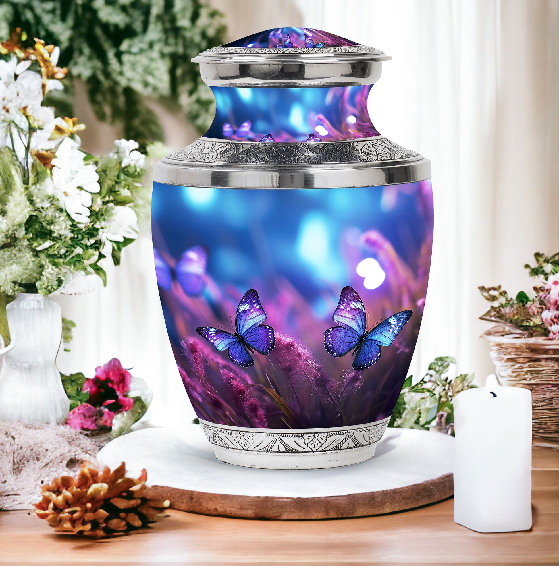 Butterflies Fly Sunset Urn, a stunning metal funeral urn for adult ashes, specially designed for women