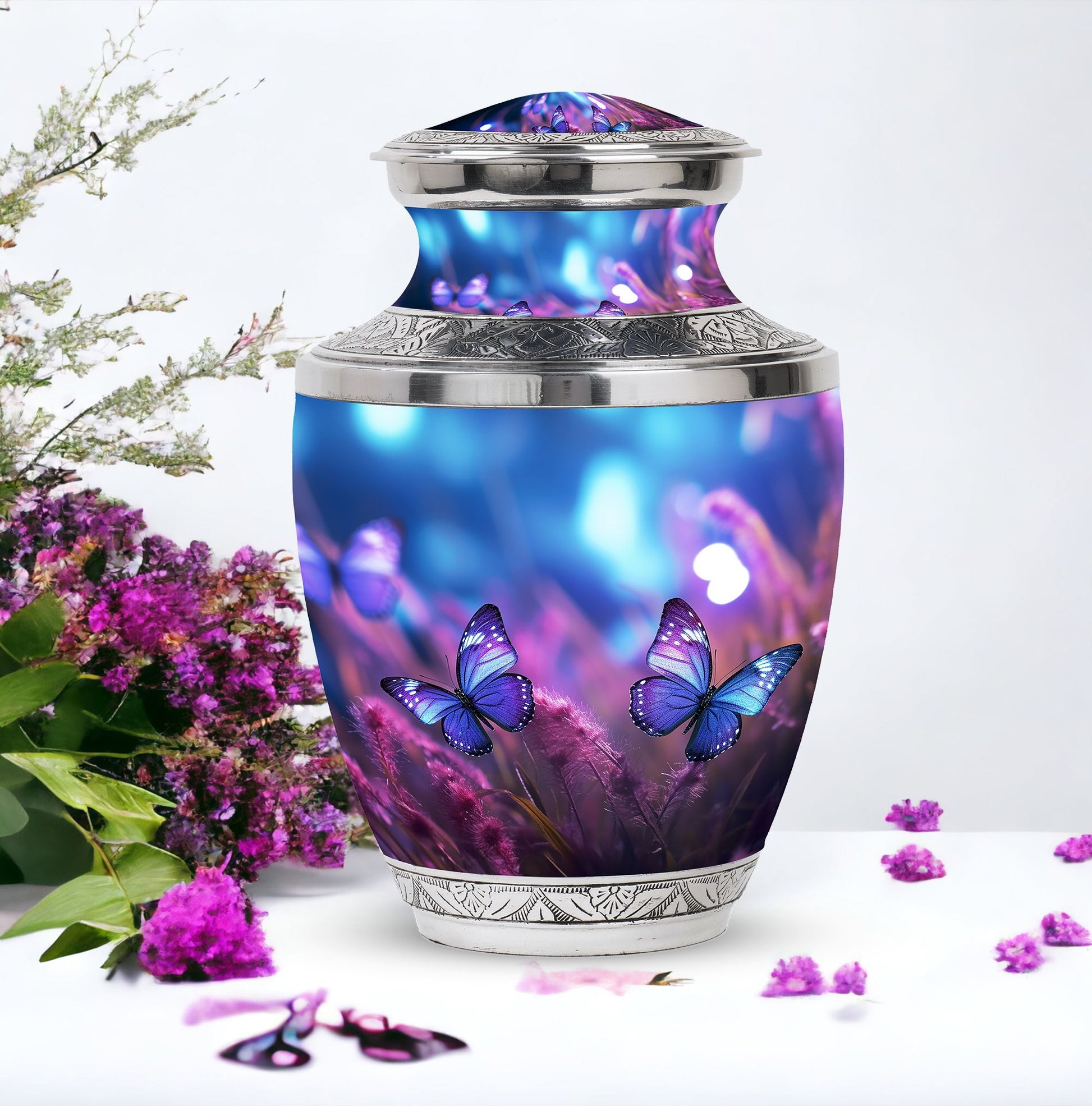 Butterflies Fly Sunset Urn, a stunning metal funeral urn for adult ashes, specially designed for women
