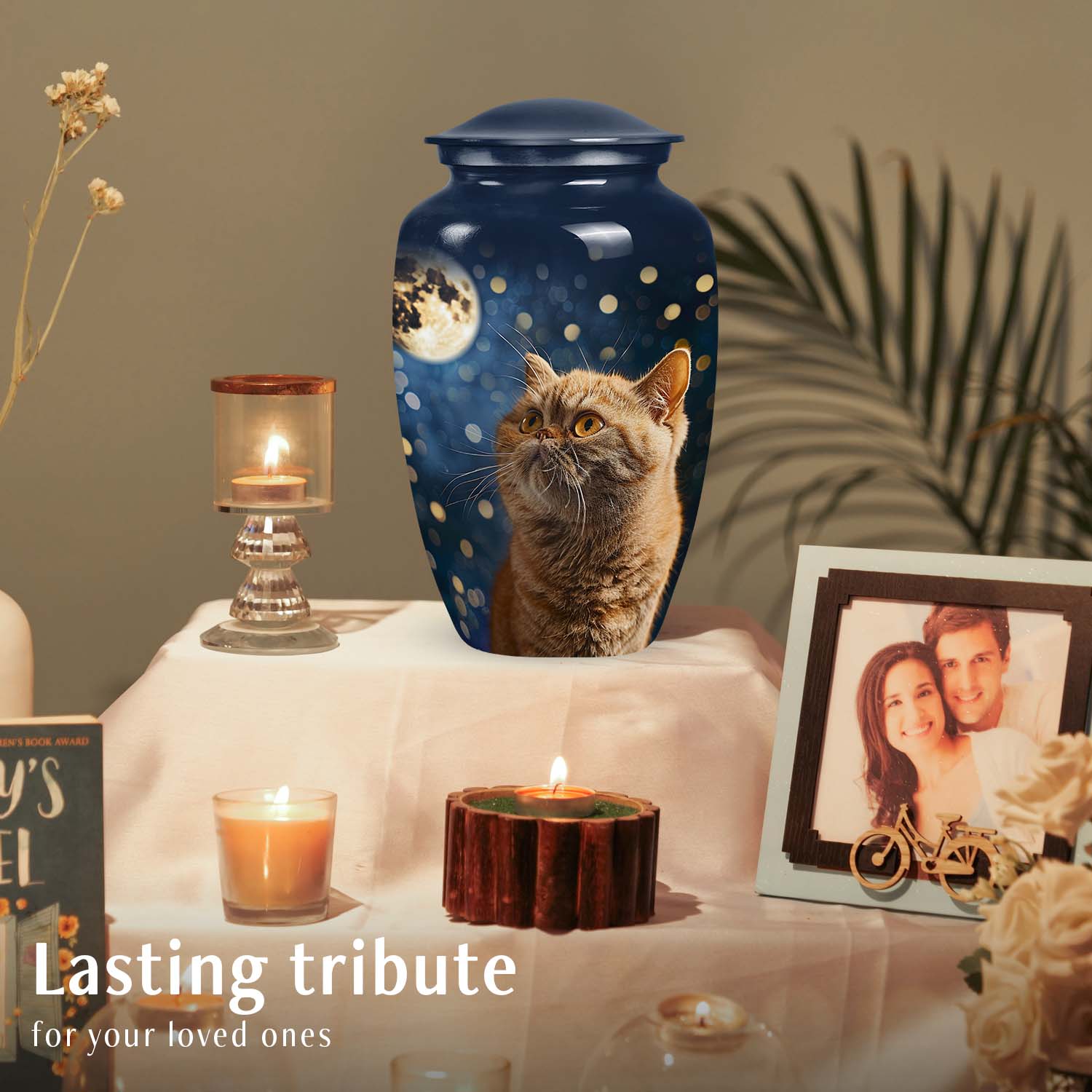 Large Cat Urn with unique moon design, ideal for storing ashes, reflecting a theme of cat urns