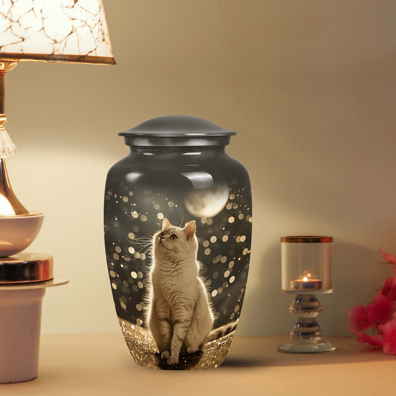 Large memorial cat urn featuring a unique design with a moon, perfect for a beloved feline companion.
