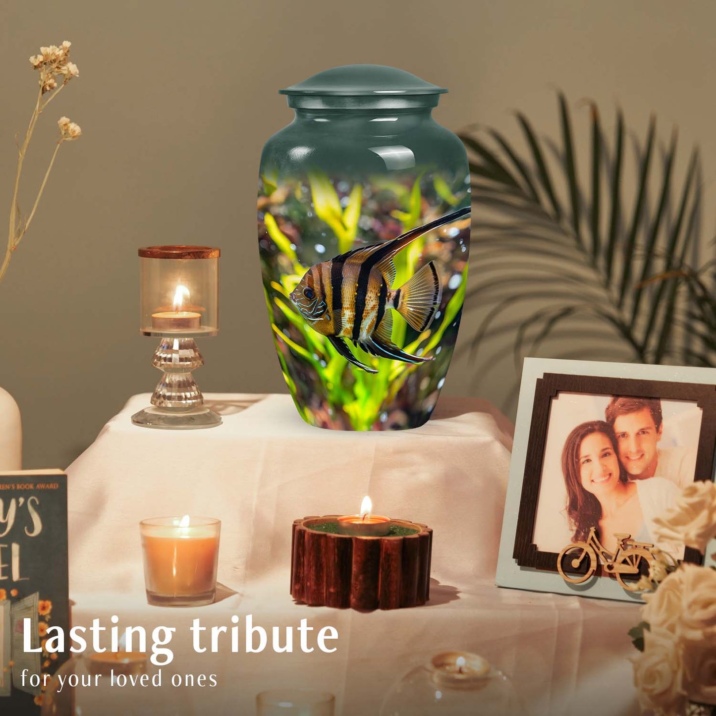 Large Tropical Elegance Angelfish Urn ideal for human remains, a symbolic fish urn for ashes burial and funeral use.