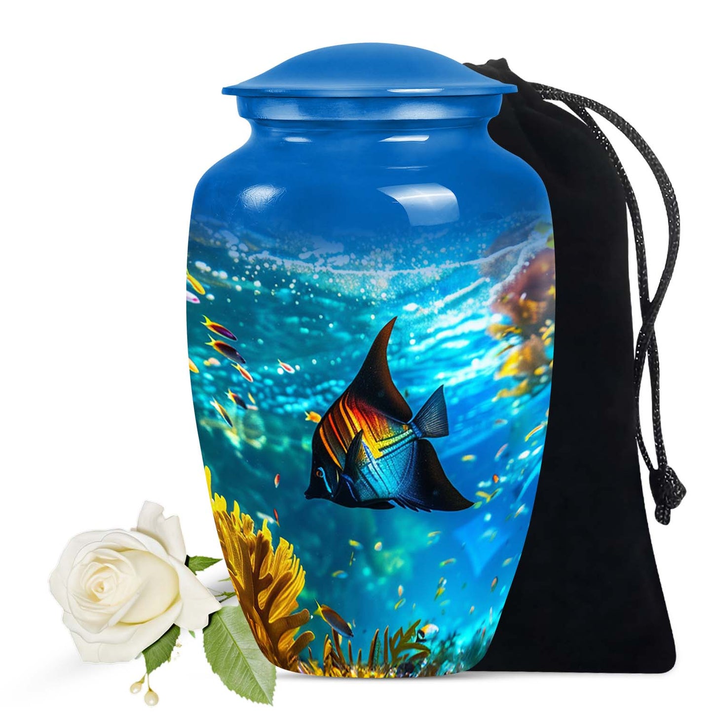 Large Tropical Paradise Angelfish Urn, a religious gravesite urn for ashes with a fish theme