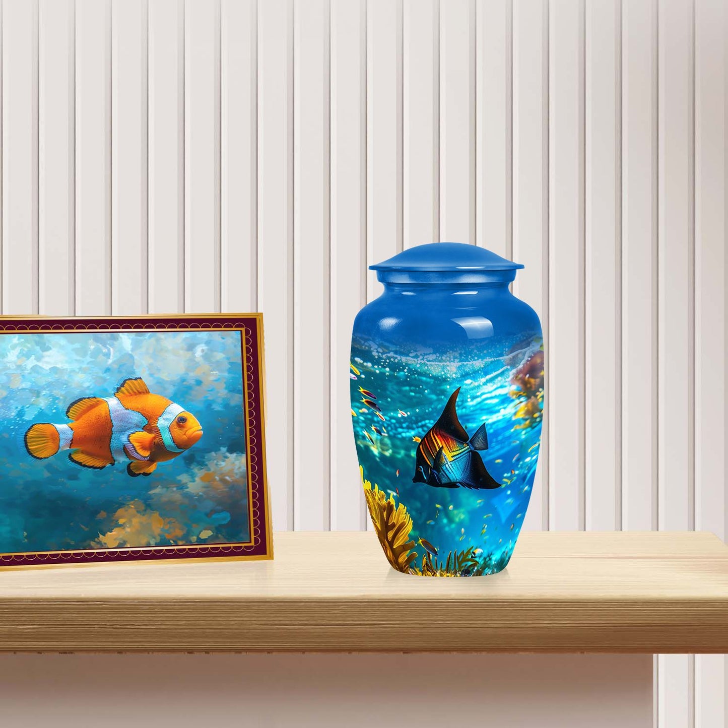 Large Tropical Paradise Angelfish Urn, a religious gravesite urn for ashes with a fish theme