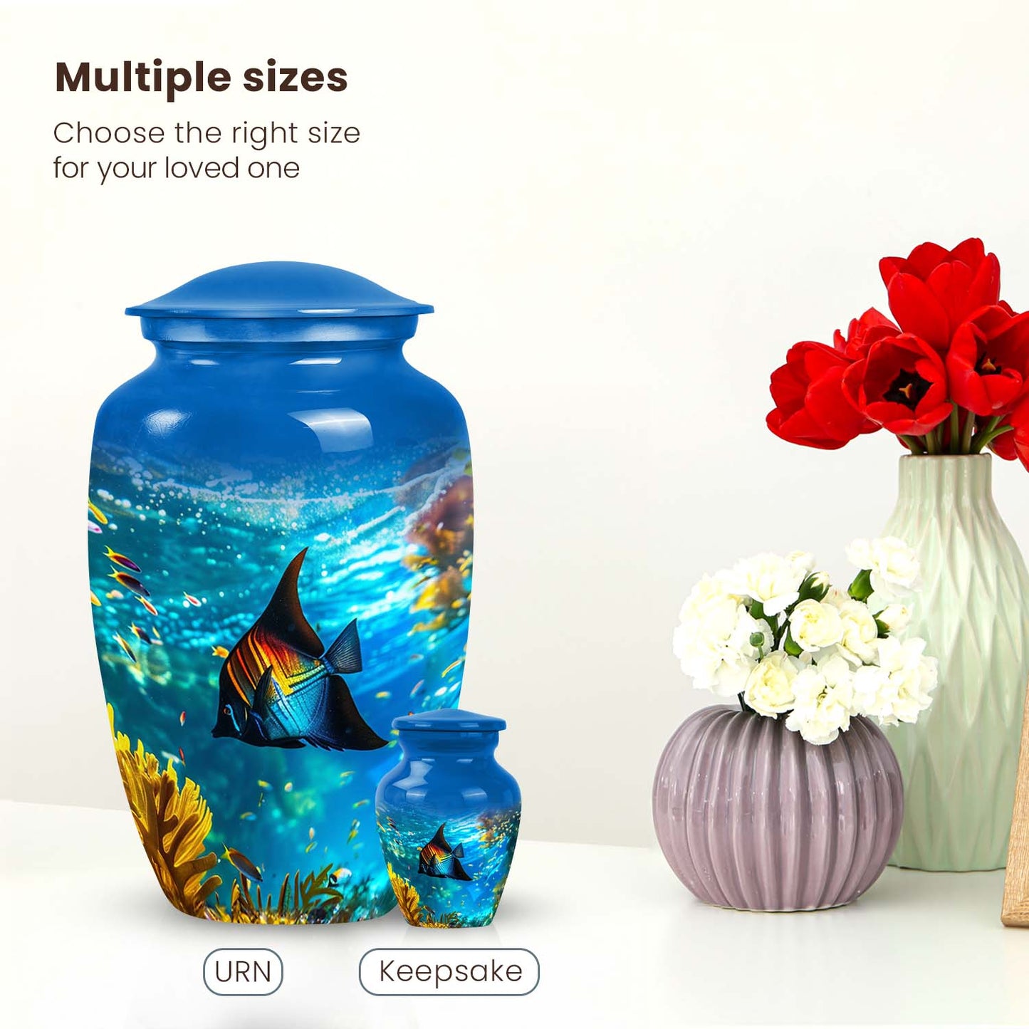 Large Tropical Paradise Angelfish Urn, a religious gravesite urn for ashes with a fish theme
