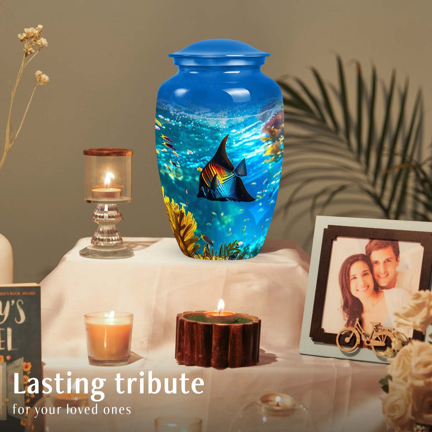 Large Tropical Paradise Angelfish Urn, a religious gravesite urn for ashes with a fish theme