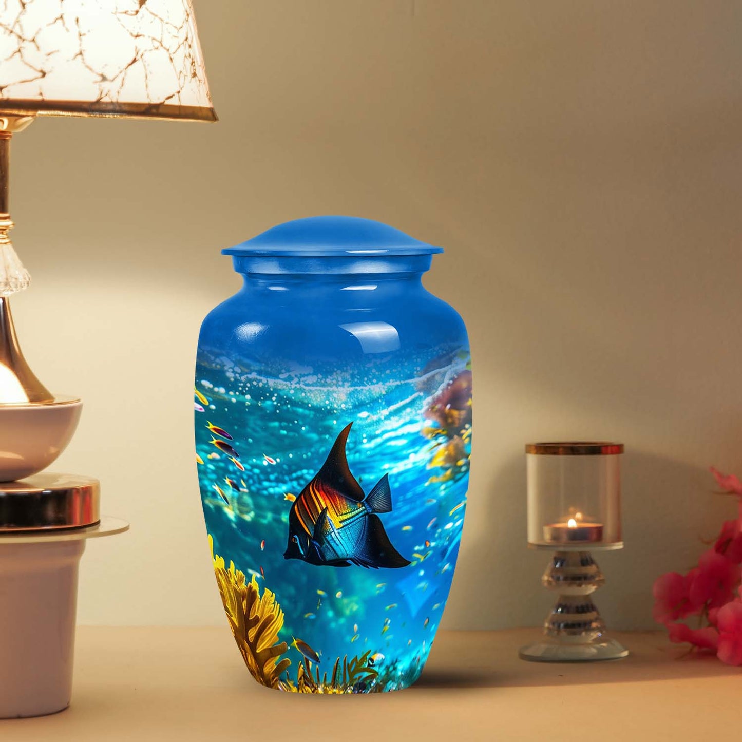 Large Tropical Paradise Angelfish Urn, a religious gravesite urn for ashes with a fish theme