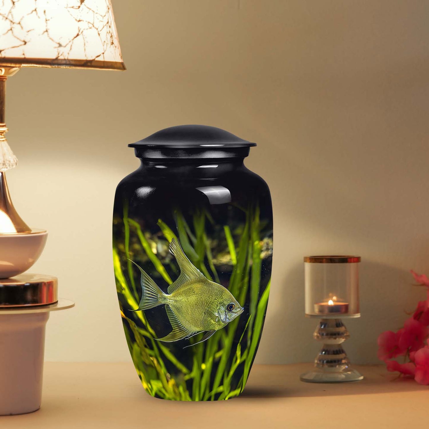 Large Verdant Depths Angelfish Urn for cremation remains, a unique choice in fish-themed human cremation urns