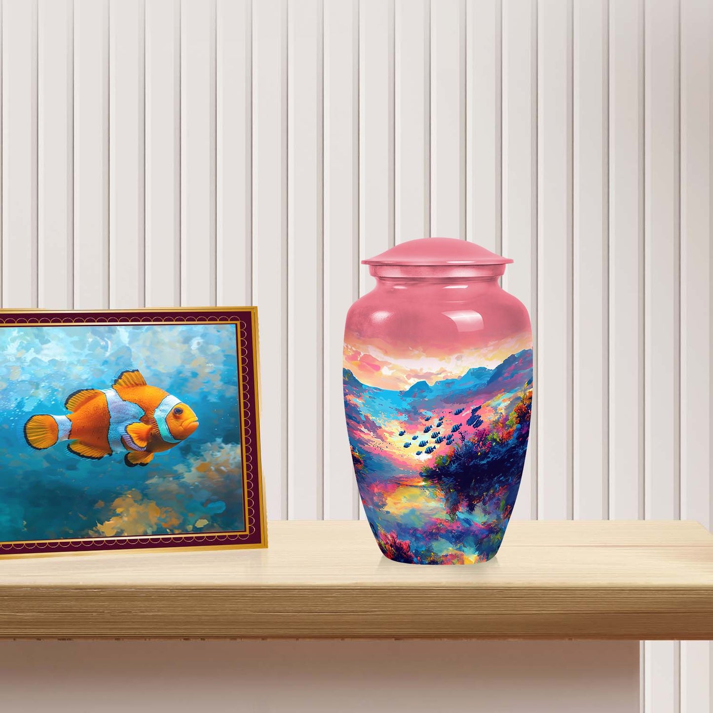Large metal fish-themed urn, part of vibrant landscape and memorial urns collection