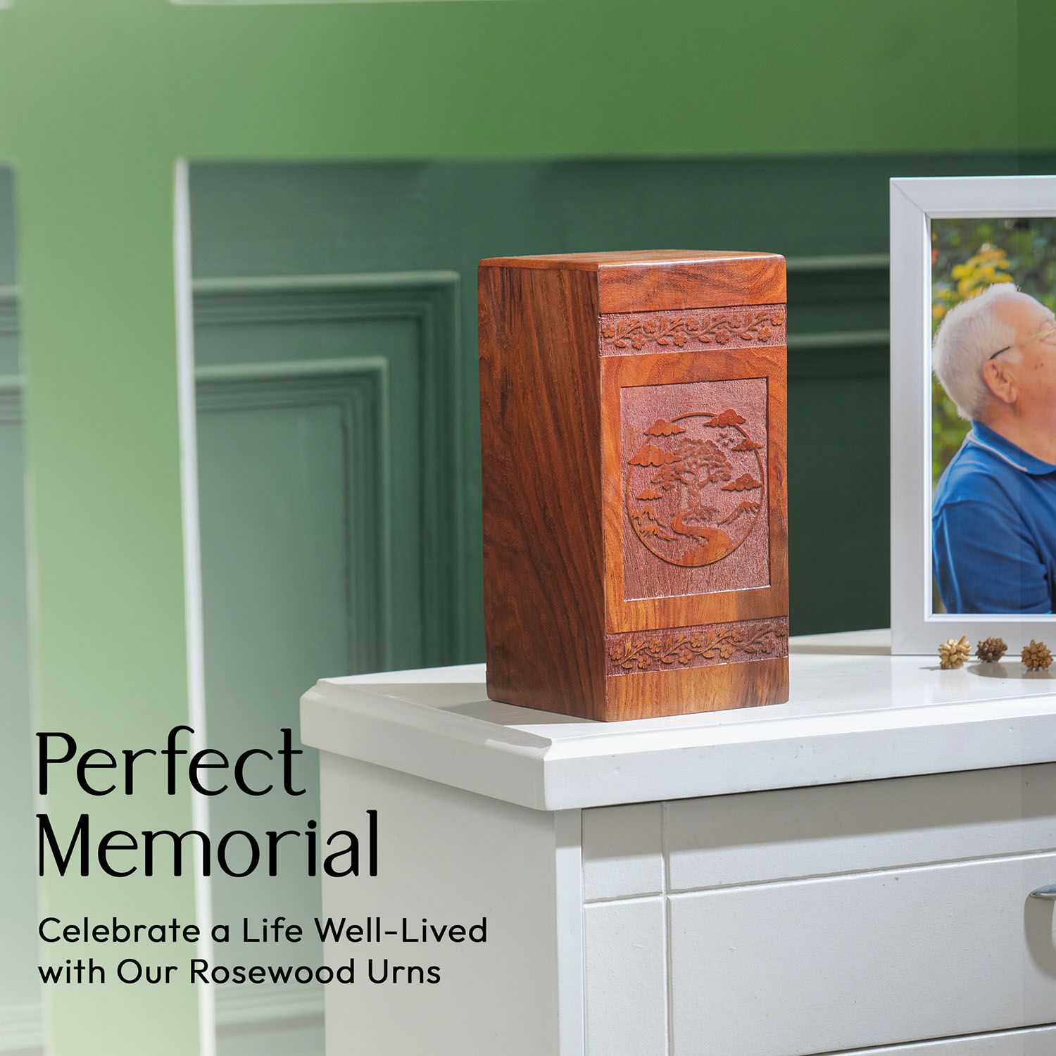 Large Tree of Life Wooden Urn, a memorial keepsake ideal for storing adult male human ashes, excellent choice for burial or cremation.