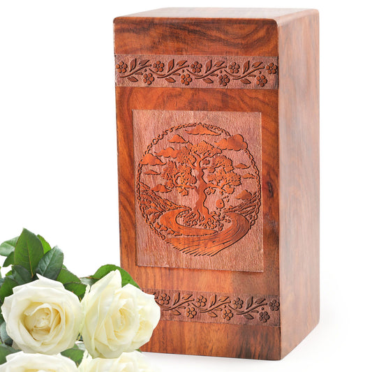 Large Tree of Life Wooden Urn, suitable as a funeral urn for men and a small cremation urn for women's ashes