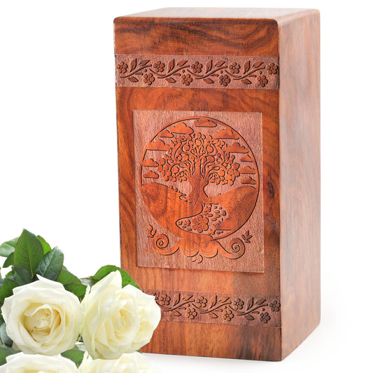 Large Tree of Life wooden urn used for cremation, suitable as a small adult keepsake or companion mini urn for human ashes