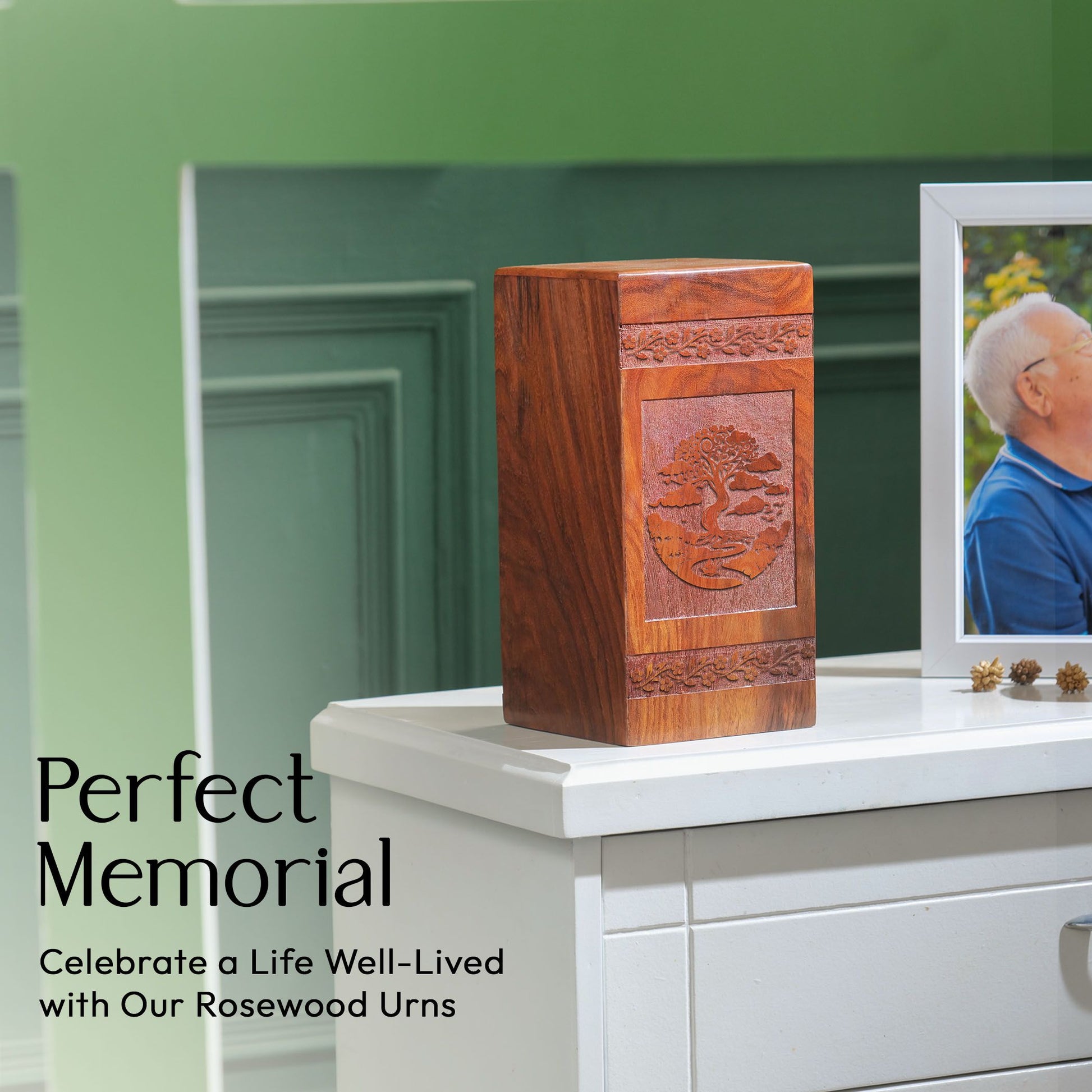 Large Tree of Life Wooden Urn, a meaningful Memorial Keepsake Box and Cremation Urn catered for adult female, ideal for ashes burial.
