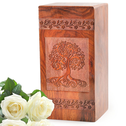 Large, Tree of Life wooden urn suitable for holding human ashes, ideal for parents' ashes