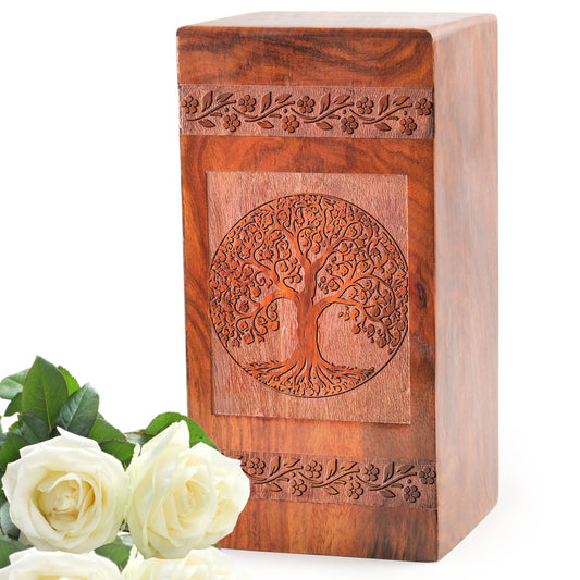 Large Tree of Life Wooden Urn, ideal for holding ashes, perfect keepsake for adults and a unique burial option for women.