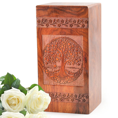 Large Tree of Life Wooden Urn, Clear Wood Box for Adult Male and Female Ashes, Burial and Cremation Memorial